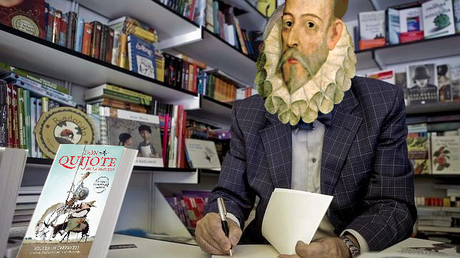 Cervantes firmando libros en la feria